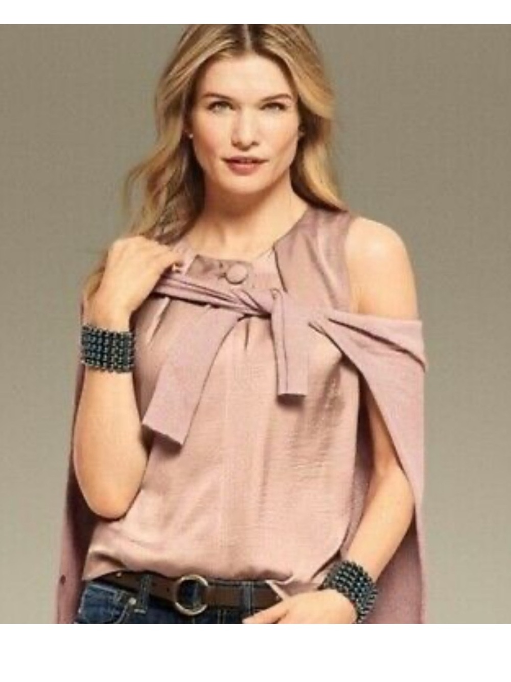 Cabi NWOT Bloom Button Up Blouse Fawn Tan Size Large Style 3603 Sleeveless Satin